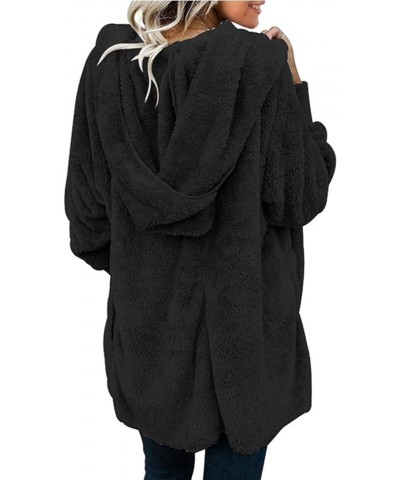 Women Hooded Cardigan Fuzzy Jacket Winter Open Front Fleece Coat Outwear with Pockets Black $17.00 Jackets