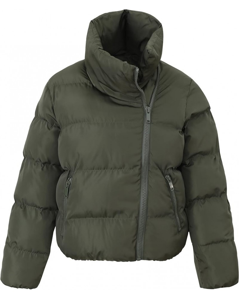 Women's Stand Collar Puffer Jacket Oblique Zip Up Quilted Coat Ivy Green $16.45 Jackets