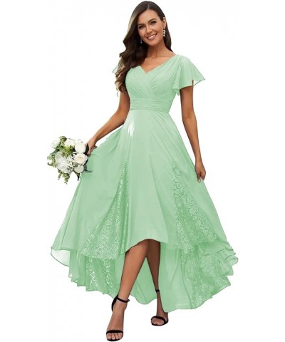 Women's Tea Length Mother of The Bride Dresses 2023 Ruffle Sleeves Chiffon Lace Appliques Formal Evening Gowns Mint Green $22...