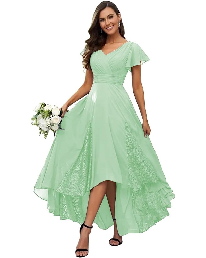 Women's Tea Length Mother of The Bride Dresses 2023 Ruffle Sleeves Chiffon Lace Appliques Formal Evening Gowns Mint Green $22...