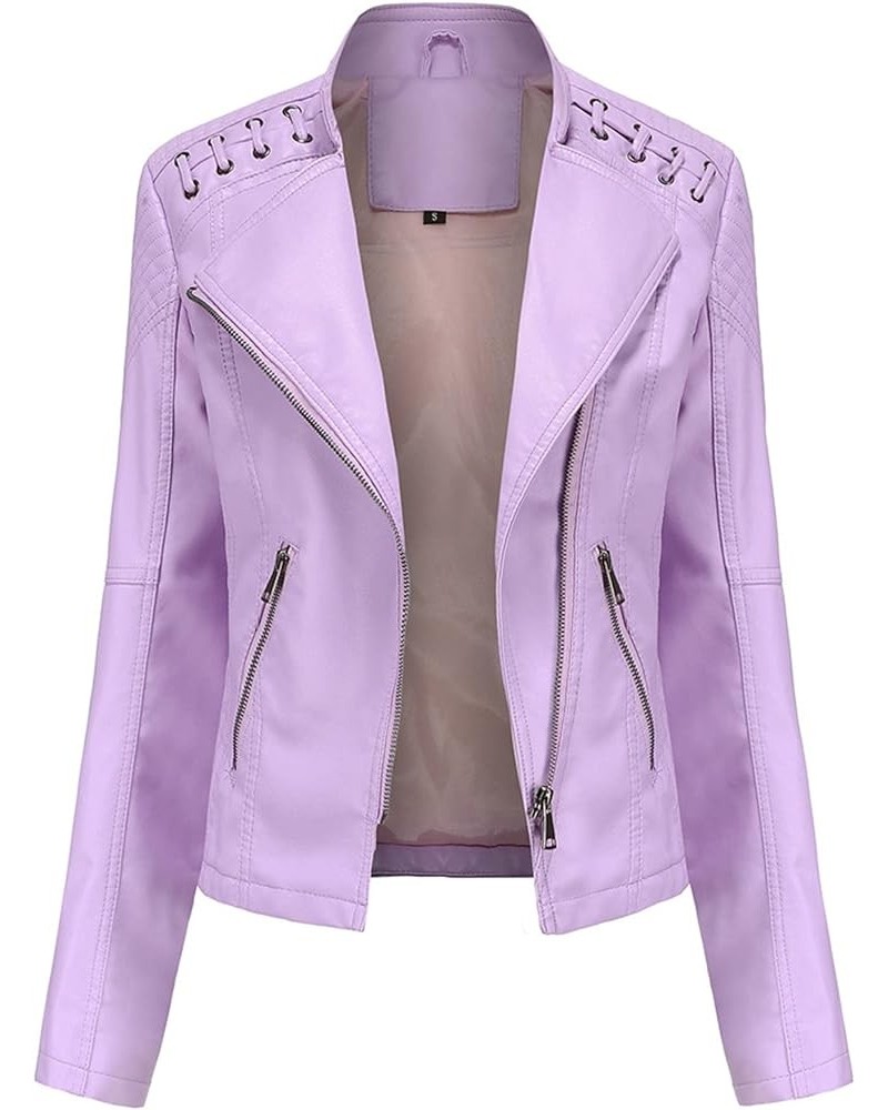 Women's Faux Leather Moto Jacket Slim Thin Leather Jacket Light Pink $20.02 Coats