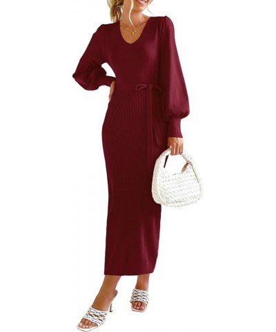 Women's 2024 Fall Knit Pullover Sweater Elegant Long Lantern Sleeve V Neck Maxi Dress Wine Red $29.14 Sweaters