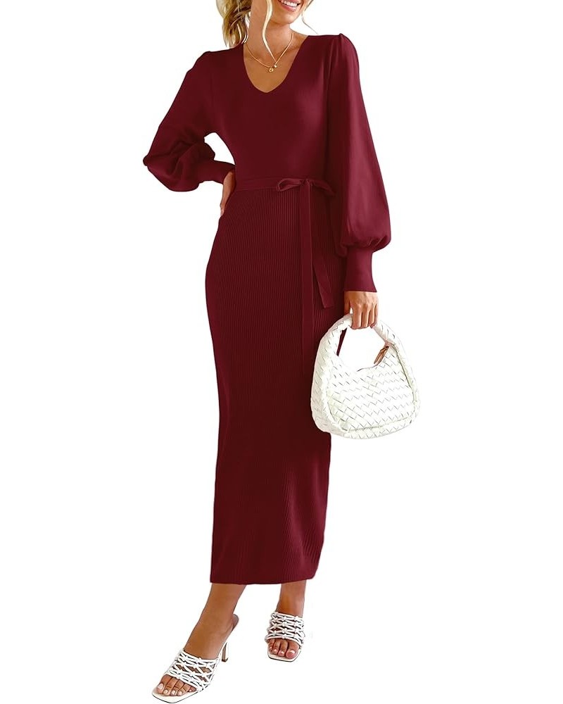 Women's 2024 Fall Knit Pullover Sweater Elegant Long Lantern Sleeve V Neck Maxi Dress Wine Red $29.14 Sweaters