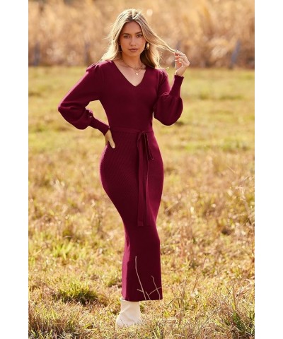 Women's 2024 Fall Knit Pullover Sweater Elegant Long Lantern Sleeve V Neck Maxi Dress Wine Red $29.14 Sweaters