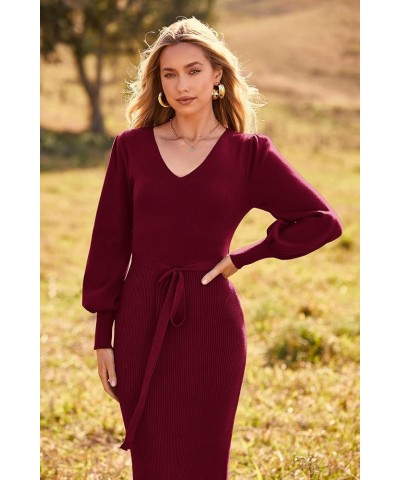 Women's 2024 Fall Knit Pullover Sweater Elegant Long Lantern Sleeve V Neck Maxi Dress Wine Red $29.14 Sweaters