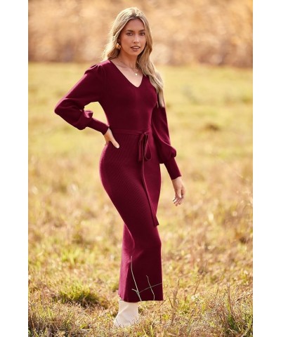 Women's 2024 Fall Knit Pullover Sweater Elegant Long Lantern Sleeve V Neck Maxi Dress Wine Red $29.14 Sweaters