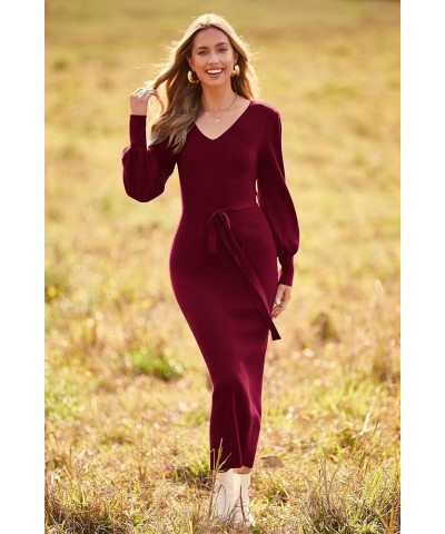 Women's 2024 Fall Knit Pullover Sweater Elegant Long Lantern Sleeve V Neck Maxi Dress Wine Red $29.14 Sweaters