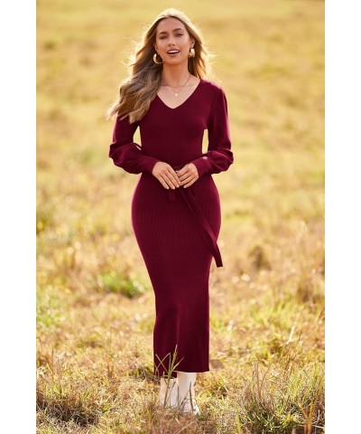 Women's 2024 Fall Knit Pullover Sweater Elegant Long Lantern Sleeve V Neck Maxi Dress Wine Red $29.14 Sweaters