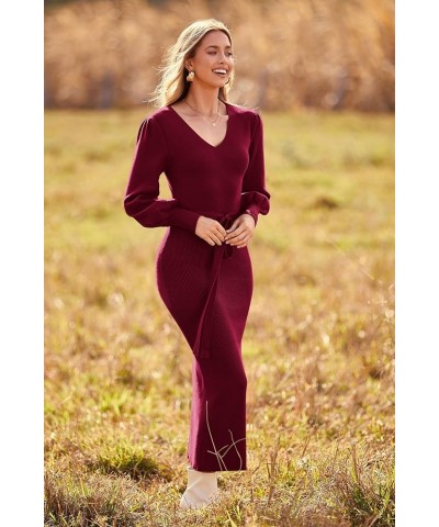 Women's 2024 Fall Knit Pullover Sweater Elegant Long Lantern Sleeve V Neck Maxi Dress Wine Red $29.14 Sweaters