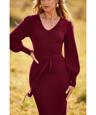 Women's 2024 Fall Knit Pullover Sweater Elegant Long Lantern Sleeve V Neck Maxi Dress Wine Red $29.14 Sweaters