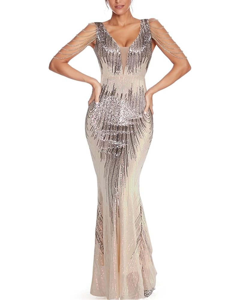 Women 1920s Plus Size Formal Dress Tassels Sleeve Sequins Gatsby Maxi Evening Gown Z-apricot Grey $33.11 Dresses