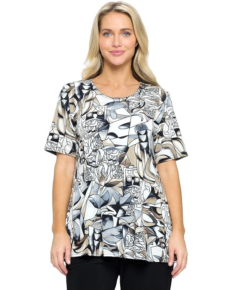 Women's Print Tunic Top - Short Sleeve Stretchy Vented Printed T Shirts Blouse W329 Grey $25.36 Tops