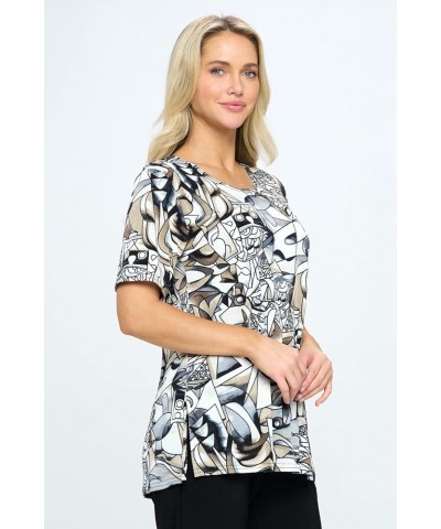 Women's Print Tunic Top - Short Sleeve Stretchy Vented Printed T Shirts Blouse W329 Grey $25.36 Tops