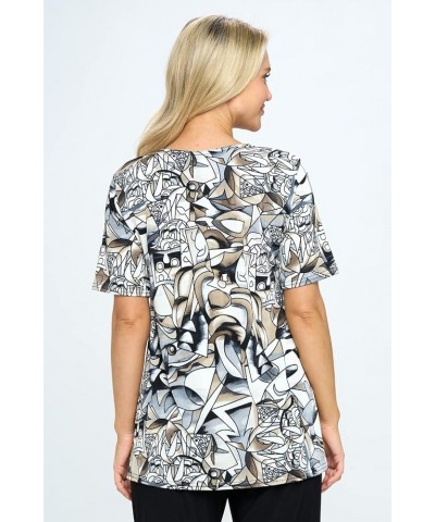 Women's Print Tunic Top - Short Sleeve Stretchy Vented Printed T Shirts Blouse W329 Grey $25.36 Tops