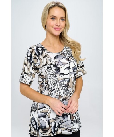 Women's Print Tunic Top - Short Sleeve Stretchy Vented Printed T Shirts Blouse W329 Grey $25.36 Tops