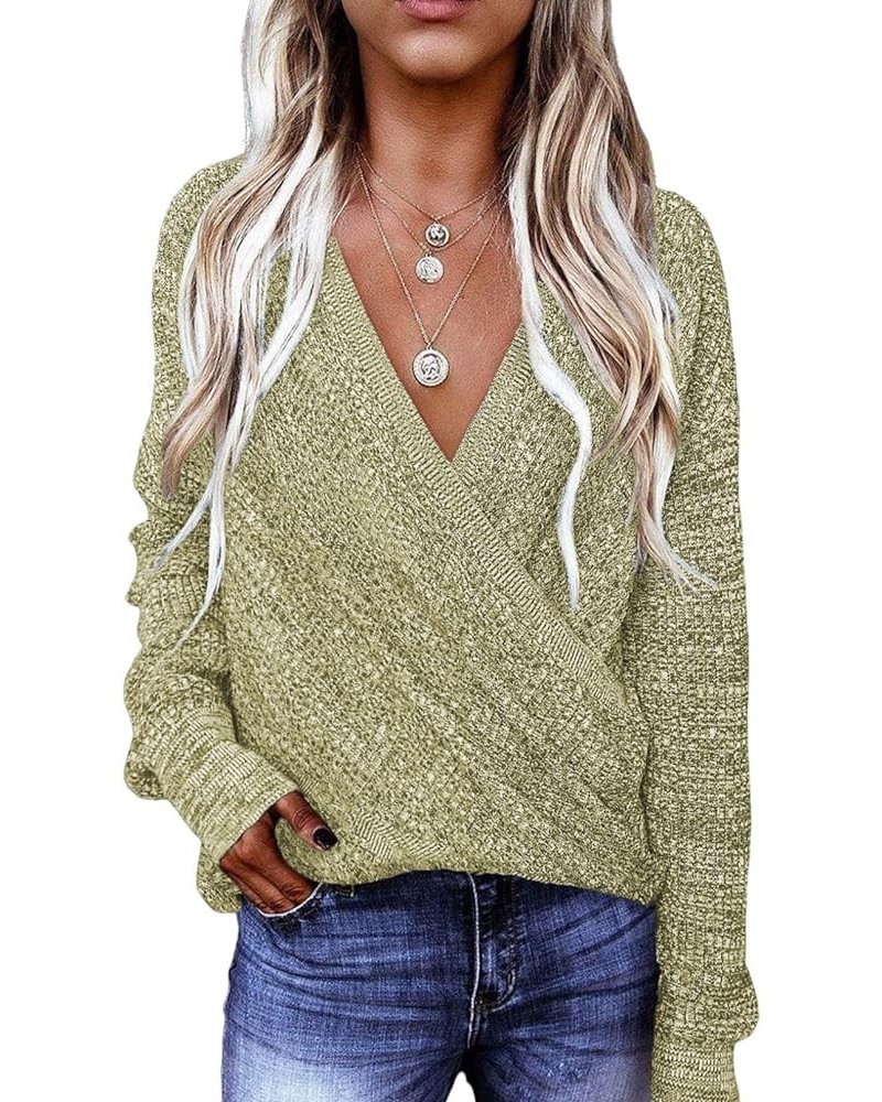 Womens 2023 Elegant Deep V Neck Wrap Long Sleeve Chunky Cable Knit Jumper Pullover Sweaters Green 02 $24.29 Sweaters