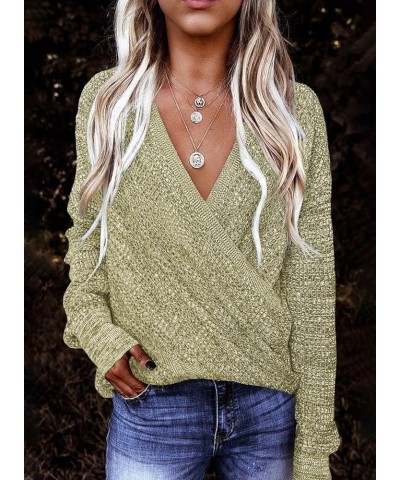 Womens 2023 Elegant Deep V Neck Wrap Long Sleeve Chunky Cable Knit Jumper Pullover Sweaters Green 02 $24.29 Sweaters