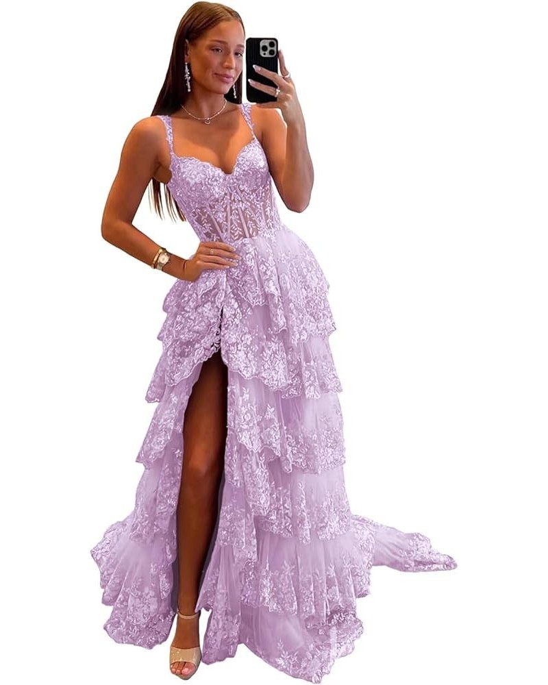 Off The Shoulder Flower Prom Dresses Lace Tulle Long Tiered Women’s Formal Evening Ball Gowns Sparkly 2024 Lilac $47.08 Dresses