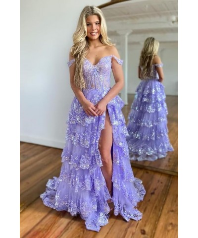 Off The Shoulder Flower Prom Dresses Lace Tulle Long Tiered Women’s Formal Evening Ball Gowns Sparkly 2024 Lilac $47.08 Dresses