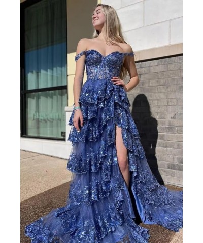 Off The Shoulder Flower Prom Dresses Lace Tulle Long Tiered Women’s Formal Evening Ball Gowns Sparkly 2024 Lilac $47.08 Dresses