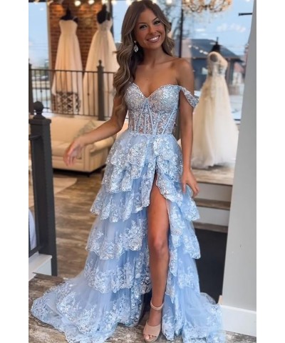 Off The Shoulder Flower Prom Dresses Lace Tulle Long Tiered Women’s Formal Evening Ball Gowns Sparkly 2024 Lilac $47.08 Dresses