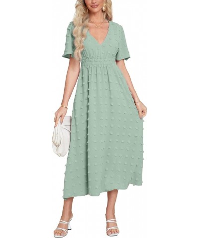 Simplee Womens Boho Maxi Dress Summer Wedding Guest Short Sleeve V Neck Swiss Dot Flowy Dresses Swiss Dot Sage Green $22.13 D...