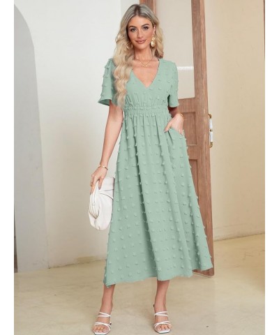 Simplee Womens Boho Maxi Dress Summer Wedding Guest Short Sleeve V Neck Swiss Dot Flowy Dresses Swiss Dot Sage Green $22.13 D...