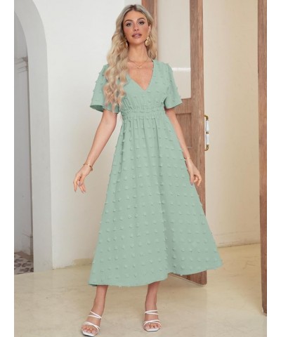 Simplee Womens Boho Maxi Dress Summer Wedding Guest Short Sleeve V Neck Swiss Dot Flowy Dresses Swiss Dot Sage Green $22.13 D...