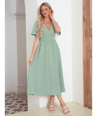 Simplee Womens Boho Maxi Dress Summer Wedding Guest Short Sleeve V Neck Swiss Dot Flowy Dresses Swiss Dot Sage Green $22.13 D...