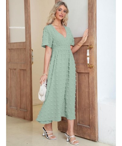 Simplee Womens Boho Maxi Dress Summer Wedding Guest Short Sleeve V Neck Swiss Dot Flowy Dresses Swiss Dot Sage Green $22.13 D...