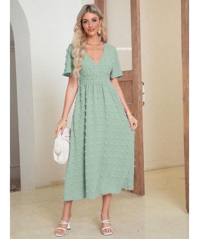 Simplee Womens Boho Maxi Dress Summer Wedding Guest Short Sleeve V Neck Swiss Dot Flowy Dresses Swiss Dot Sage Green $22.13 D...