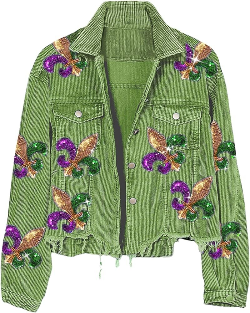 Women’s Flower Sequin Corduroy Jacket Lapel Collar Button Down Cropped Corduroy Jackets Coat Green $32.99 Jackets