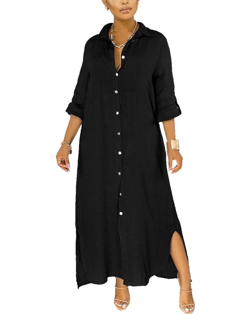 Women V Neck Rolled Up Sleeve Lining Dress Button Down Side Slit Shirt Maxi Dresses Black $17.84 Blouses