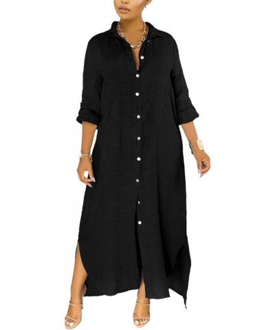 Women V Neck Rolled Up Sleeve Lining Dress Button Down Side Slit Shirt Maxi Dresses Black $17.84 Blouses