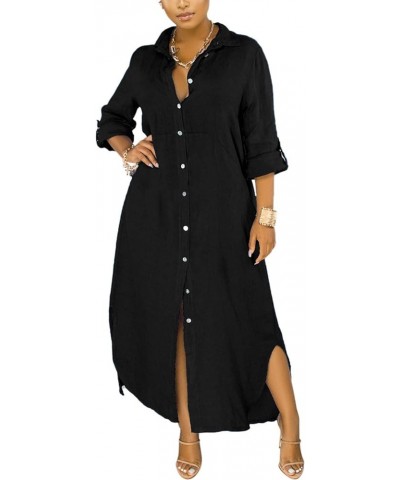 Women V Neck Rolled Up Sleeve Lining Dress Button Down Side Slit Shirt Maxi Dresses Black $17.84 Blouses