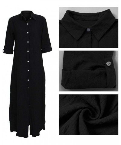 Women V Neck Rolled Up Sleeve Lining Dress Button Down Side Slit Shirt Maxi Dresses Black $17.84 Blouses