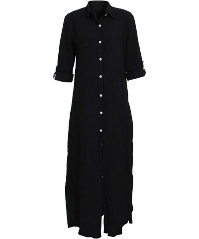 Women V Neck Rolled Up Sleeve Lining Dress Button Down Side Slit Shirt Maxi Dresses Black $17.84 Blouses