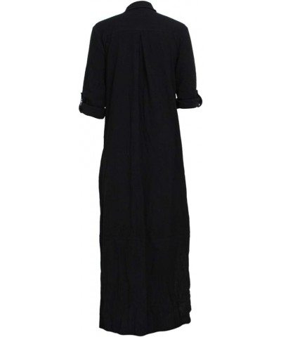 Women V Neck Rolled Up Sleeve Lining Dress Button Down Side Slit Shirt Maxi Dresses Black $17.84 Blouses