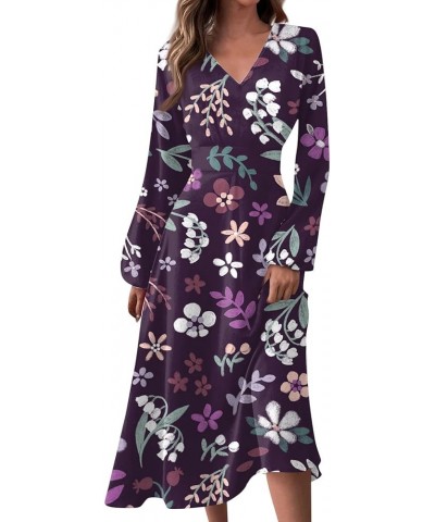 Women's 2024 Fall Midi Dress Casual Long Sleeve V Neck Floral Printed A Line High Waist Dresses for Women 05-dark Purple $10....