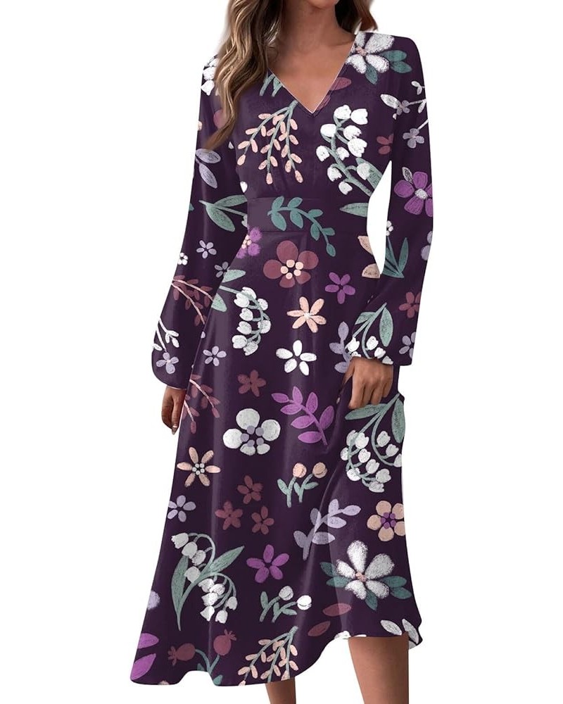 Women's 2024 Fall Midi Dress Casual Long Sleeve V Neck Floral Printed A Line High Waist Dresses for Women 05-dark Purple $10....