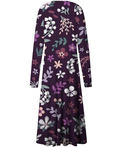 Women's 2024 Fall Midi Dress Casual Long Sleeve V Neck Floral Printed A Line High Waist Dresses for Women 05-dark Purple $10....