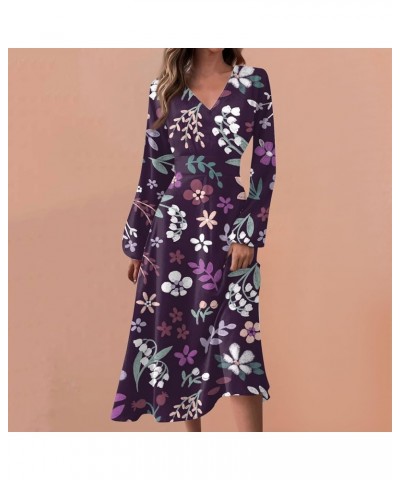 Women's 2024 Fall Midi Dress Casual Long Sleeve V Neck Floral Printed A Line High Waist Dresses for Women 05-dark Purple $10....