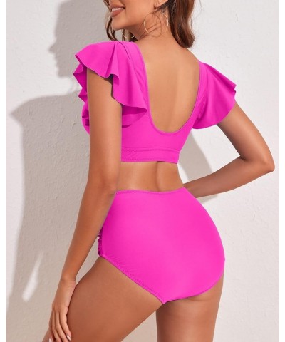 Ruffle High Waisted Bikini Sets for Women Tummy Control Swimsuit Two Piece Coverage Bathing Suit Tie Knot Tankini Rose Ruffle...