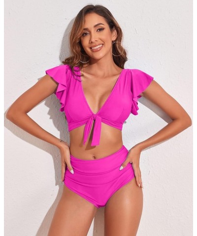 Ruffle High Waisted Bikini Sets for Women Tummy Control Swimsuit Two Piece Coverage Bathing Suit Tie Knot Tankini Rose Ruffle...