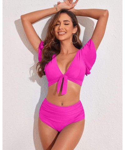 Ruffle High Waisted Bikini Sets for Women Tummy Control Swimsuit Two Piece Coverage Bathing Suit Tie Knot Tankini Rose Ruffle...