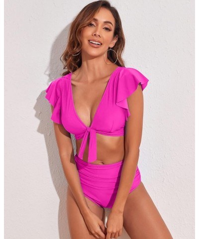 Ruffle High Waisted Bikini Sets for Women Tummy Control Swimsuit Two Piece Coverage Bathing Suit Tie Knot Tankini Rose Ruffle...