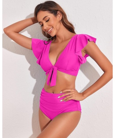 Ruffle High Waisted Bikini Sets for Women Tummy Control Swimsuit Two Piece Coverage Bathing Suit Tie Knot Tankini Rose Ruffle...