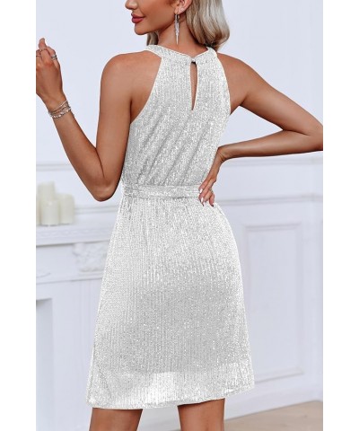 Womens Glitter Sequin Dress Sparkly Halter Neck Sleeveless Fashion Sparkle Bodycon Mini Club Dresses White $25.64 Dresses