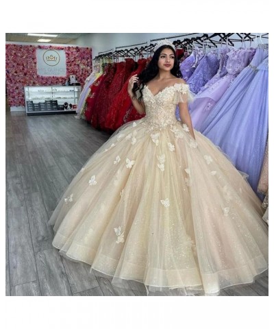 Off Shoulder Quinceanera Dresses Ball Gown 3D Butterfly Sweet 16 Dresses for Teens Puffy Tulle Pageant Gown CXL086 Pink $69.6...