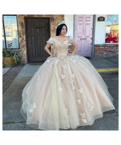 Off Shoulder Quinceanera Dresses Ball Gown 3D Butterfly Sweet 16 Dresses for Teens Puffy Tulle Pageant Gown CXL086 Pink $69.6...